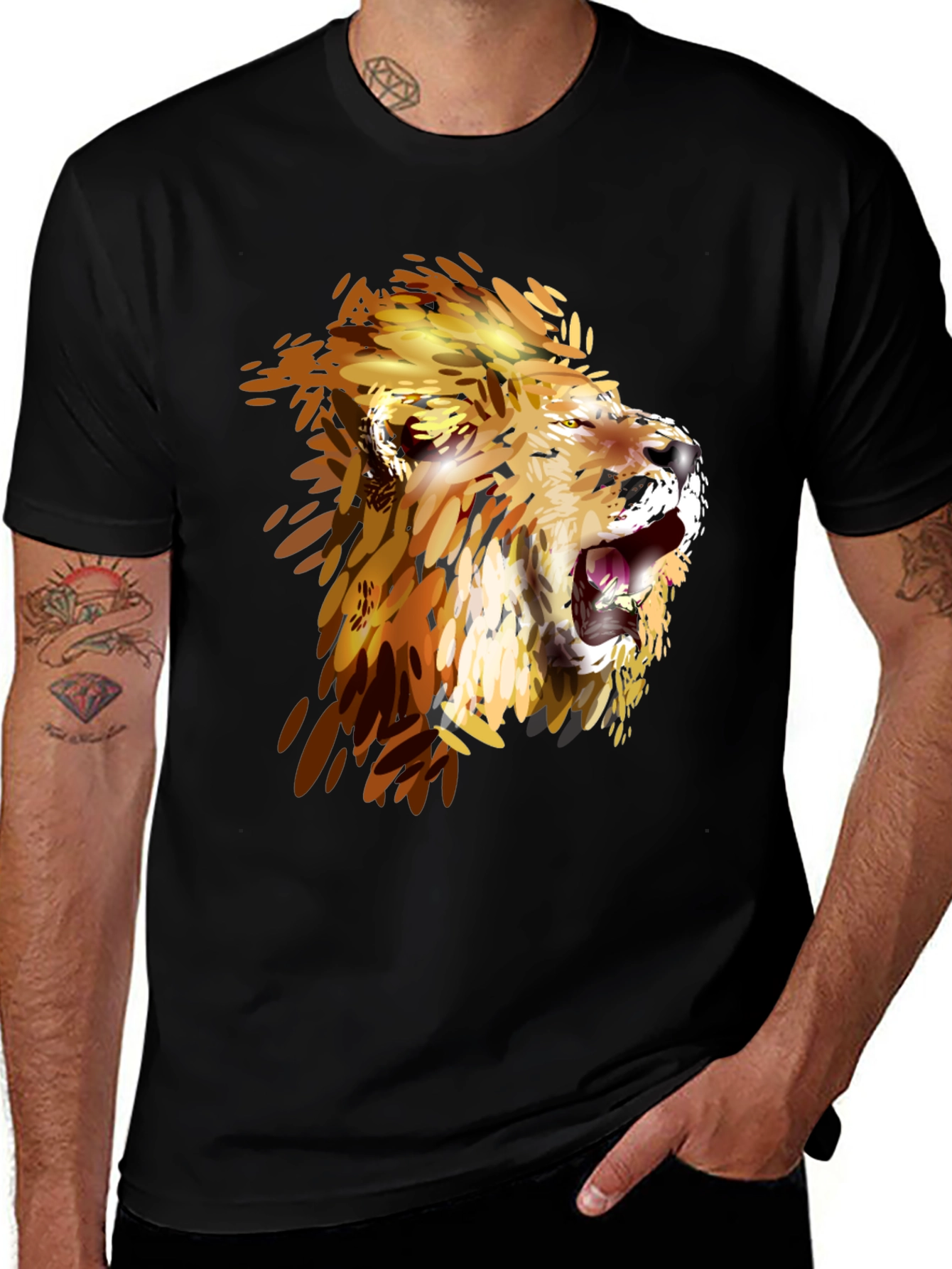 Variant 8 of Lion Graphic Print Crew Neck Tee - Black