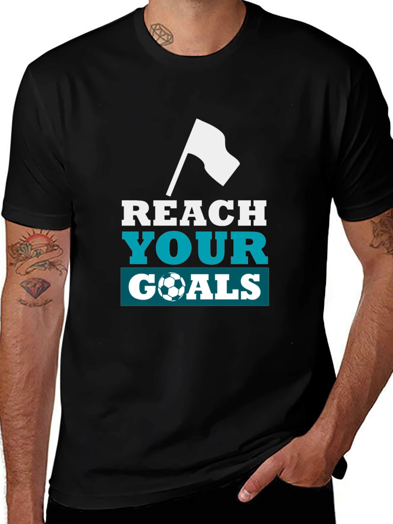 Variant 14 of Reach Your Goals Graphic Tee - Black Soccer Shirt