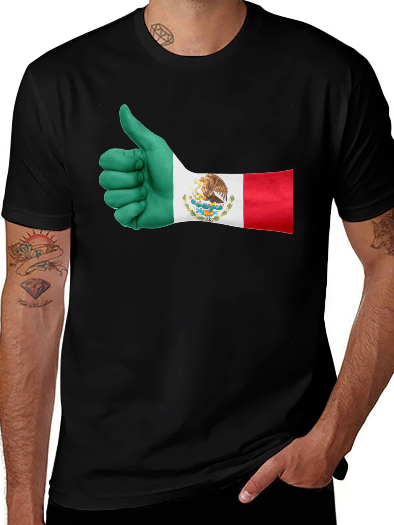 Mexico Flag Thumbs Up T-Shirt - Black Cotton Tee