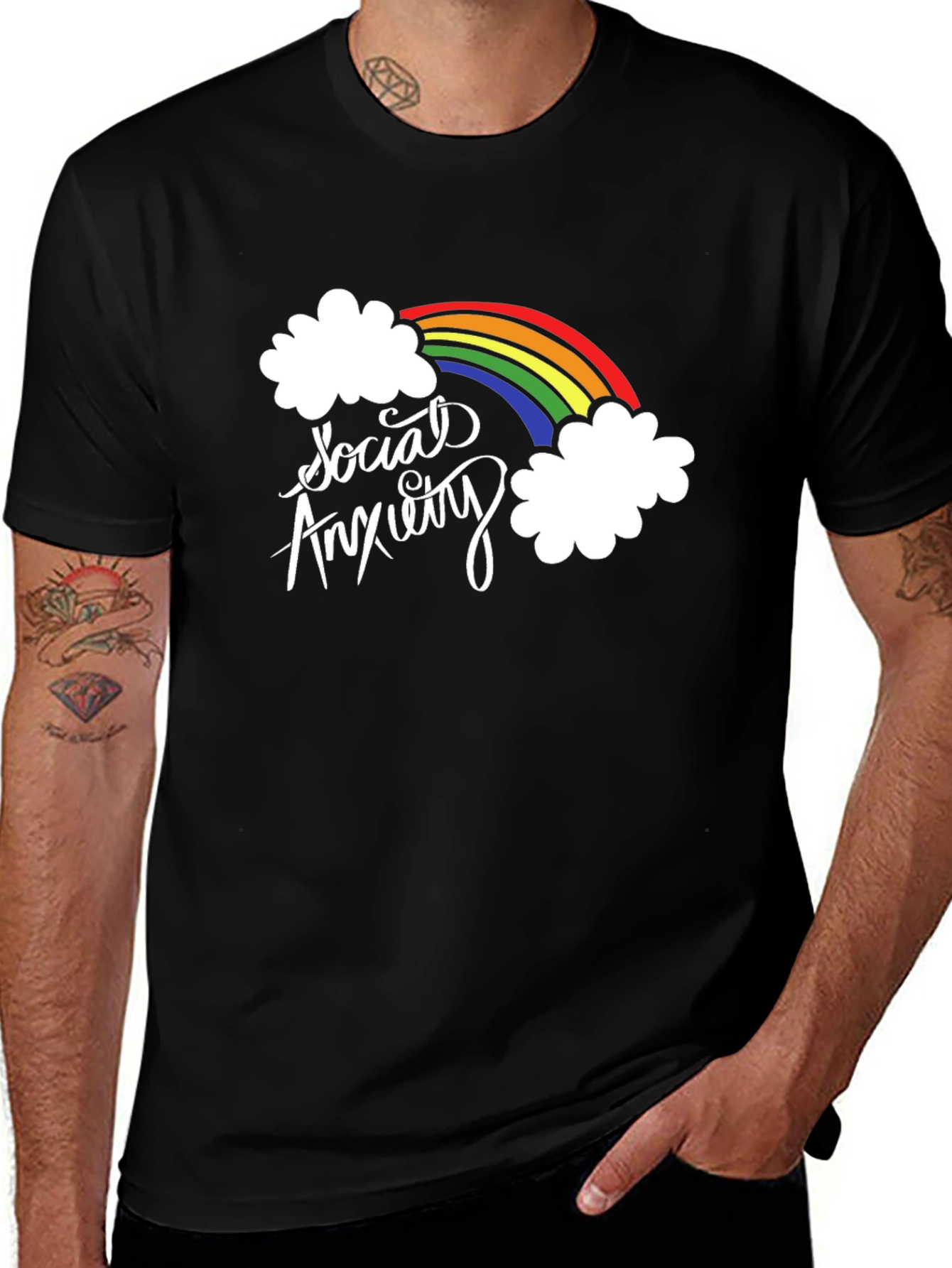 Variant 16 of Social Anxiety Rainbow Graphic Black T-Shirt