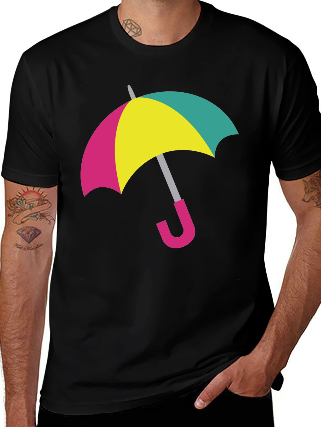 Variant 10 of Colorful Umbrella Graphic Tee - Black Cotton T-Shirt