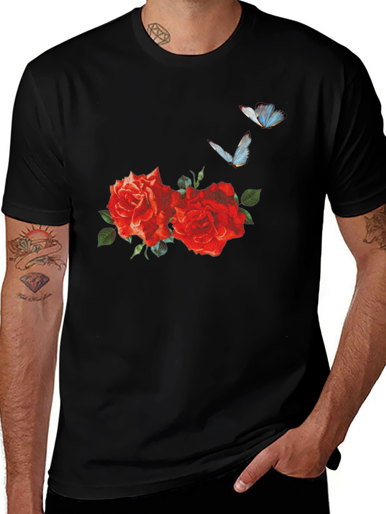 Roses & Butterflies Graphic Tee - Stylish Men's T-Shirt