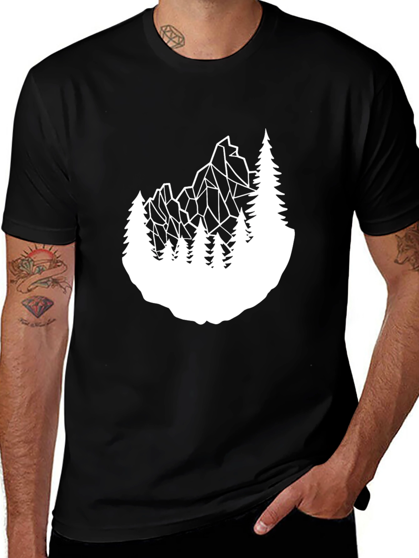 Black Geometric Mountain & Trees Graphic Tee - Black main image
