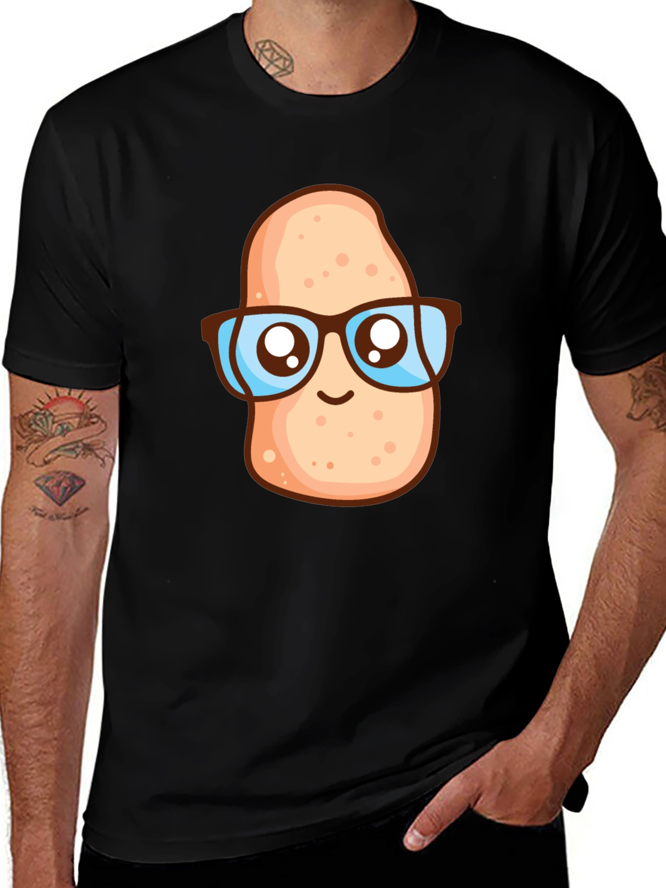 Variant 10 of Funny Potato with Glasses Graphic Tee - Black Cotton T-Shirt