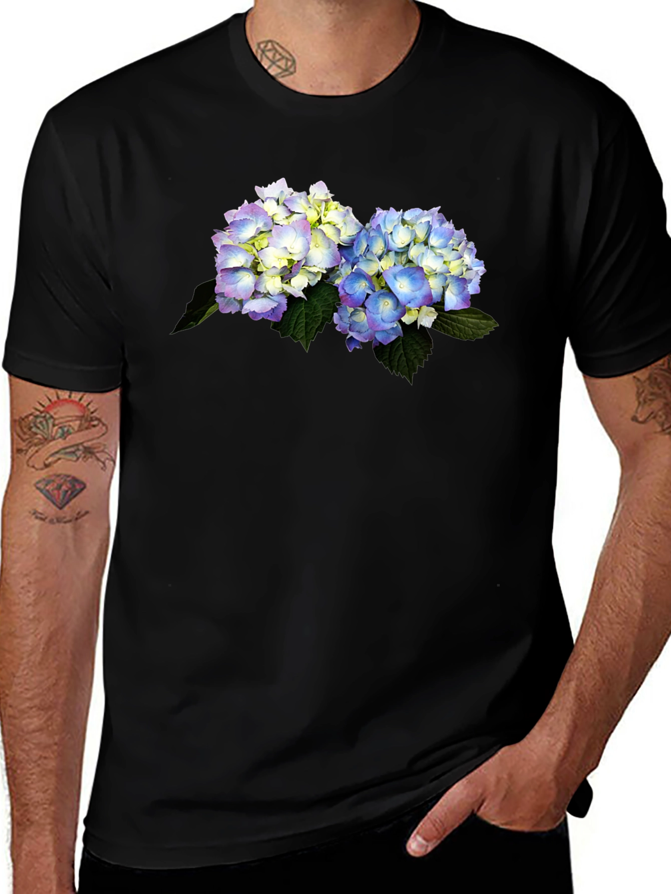 Variant 19 of Floral Hydrangea Graphic Tee - Stylish Black T-Shirt