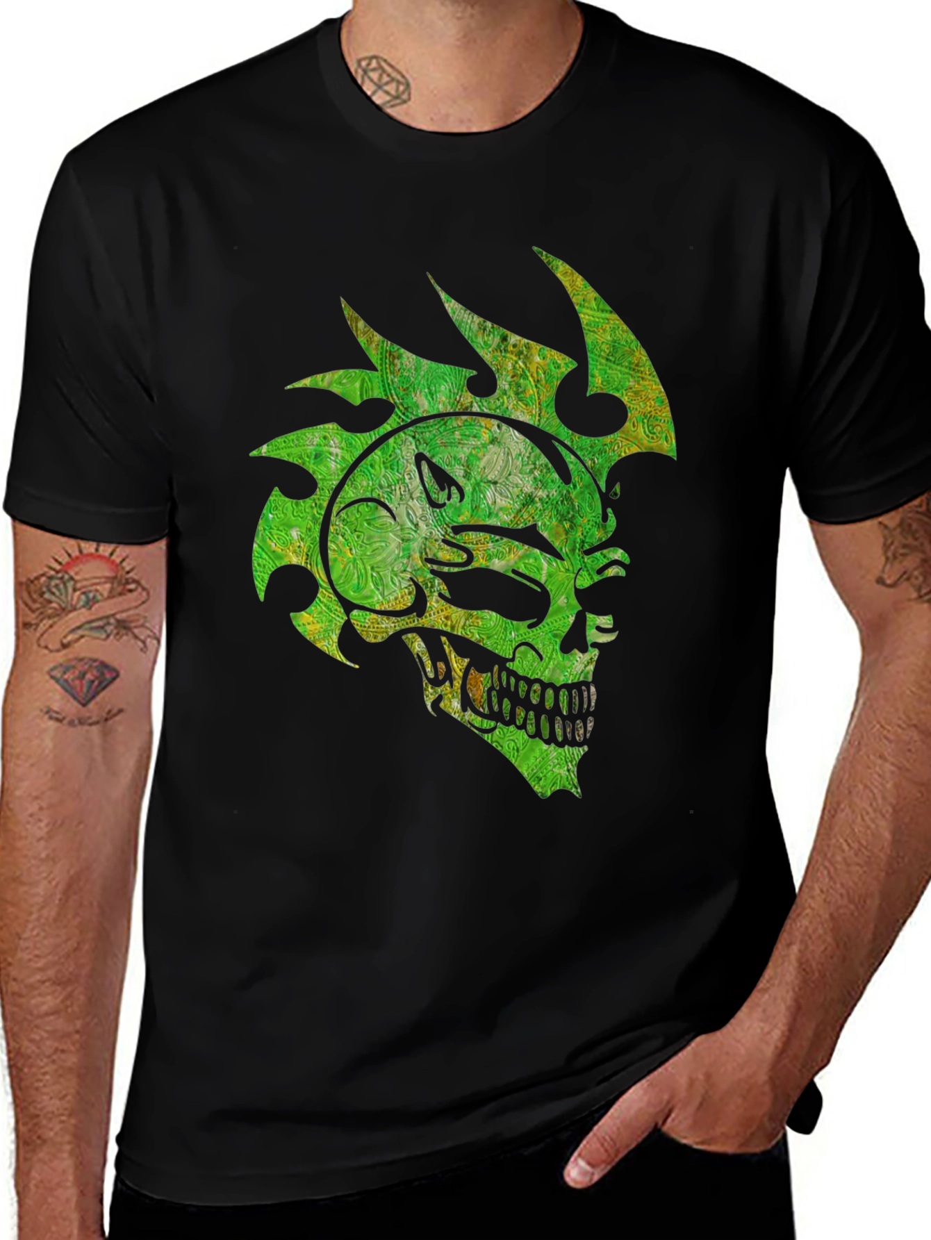 Variant 24 of Green Skull Graphic Tee - Men's Black T-Shirt
