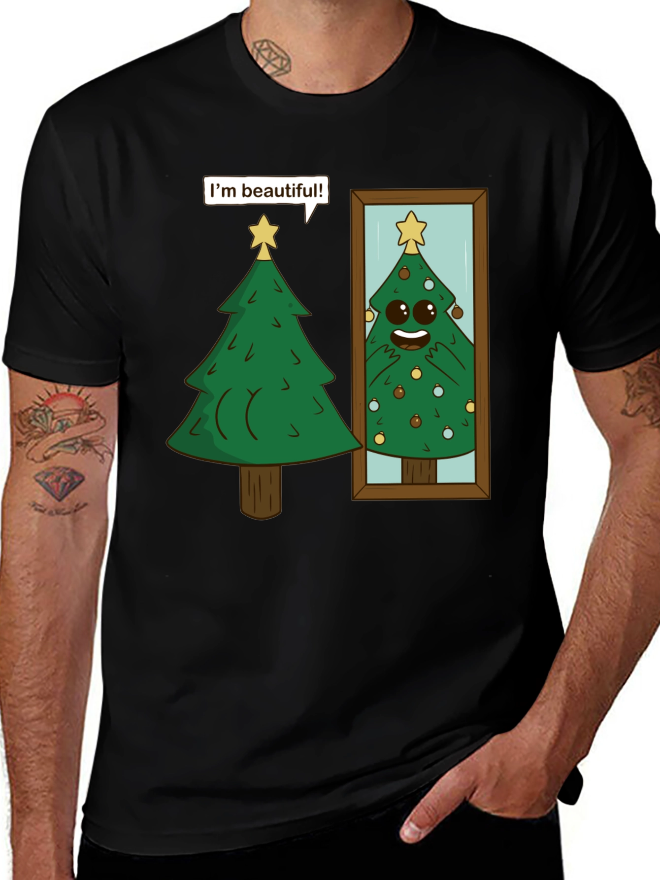 Funny Christmas Tree 'I'm Beautiful' Black T-Shirt