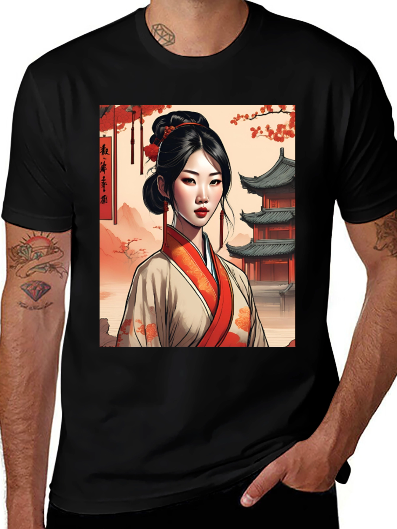 Variant 10 of Asian Art T-Shirt: Geisha & Temple Design