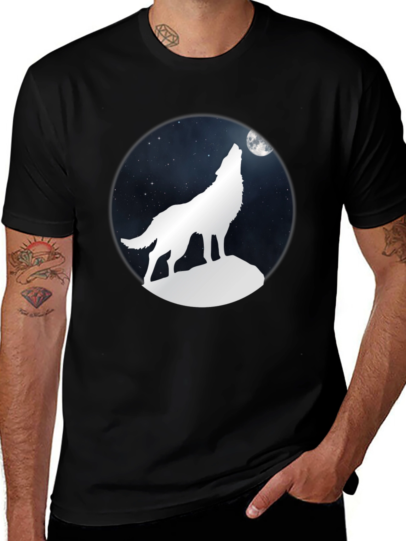 Variant 27 of Wolf Howling at Moon Graphic Tee - Black