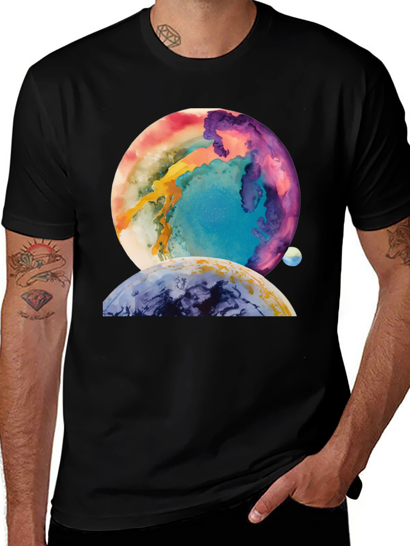 Variant 22 of Watercolor Planets Graphic T-Shirt - Black