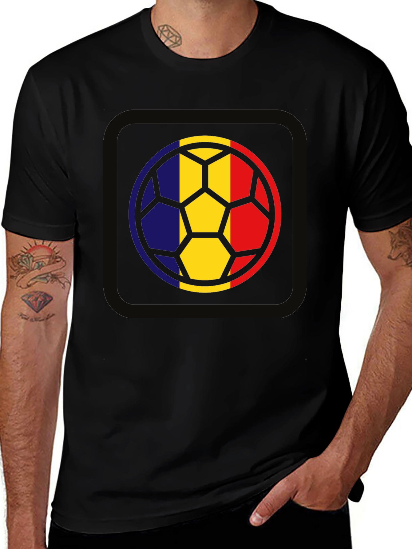 Variant 9 of Romania Flag Soccer Ball Graphic Tee - Black