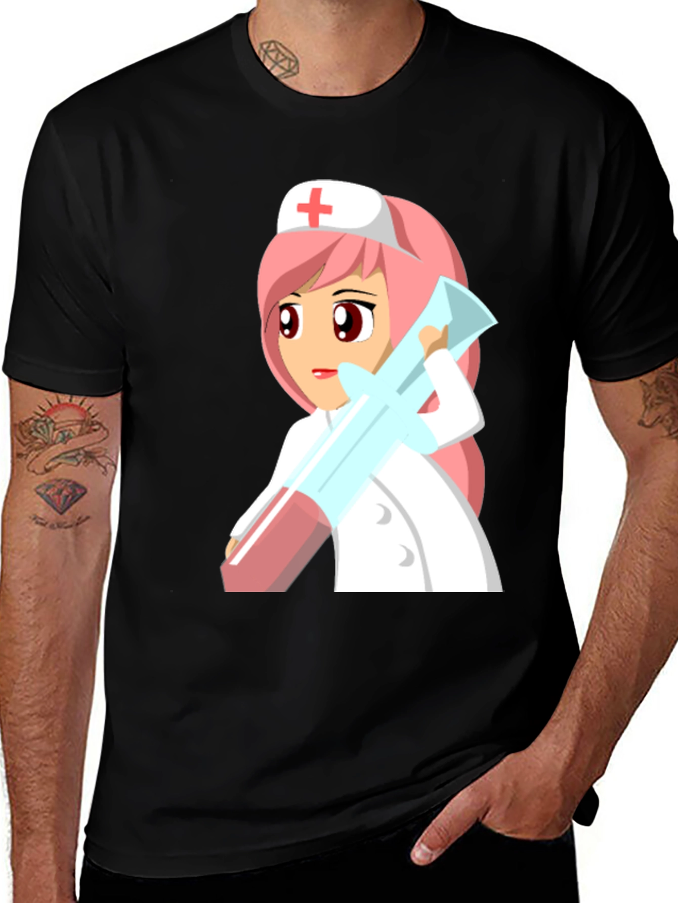 Variant 16 of Cartoon Nurse Graphic Tee - Unisex Black T-Shirt