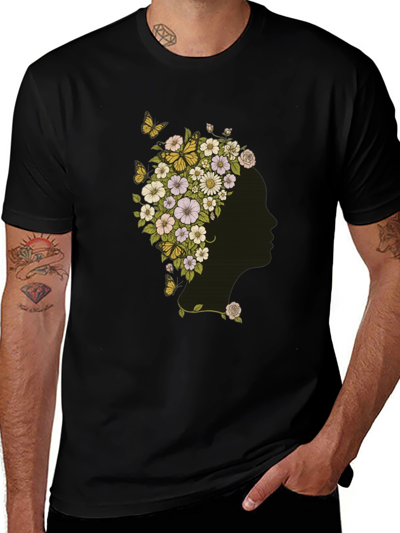 Variant 11 of Floral Woman Graphic Tee - Black Cotton T-Shirt