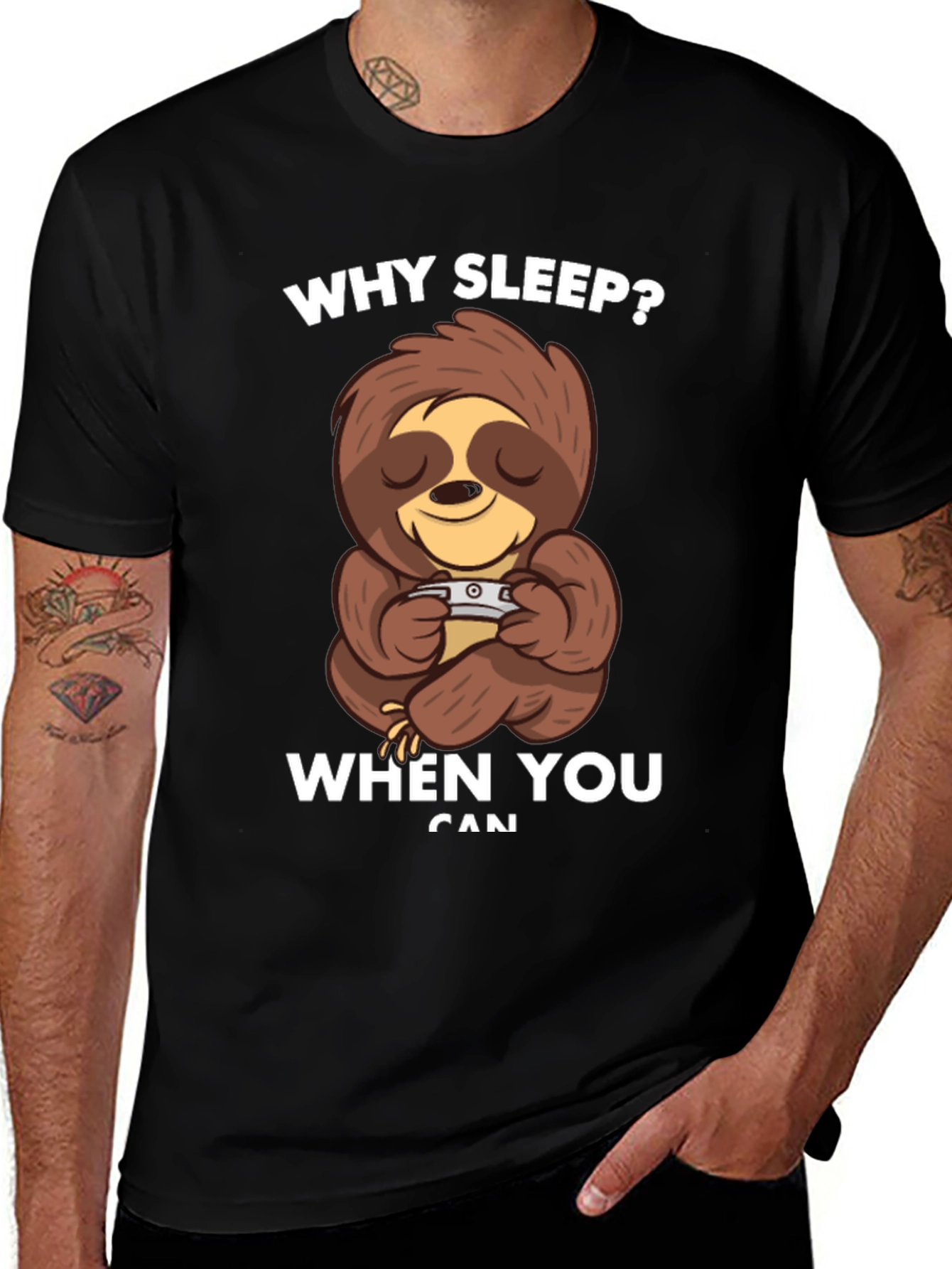 Variant 3 of Why Sleep? Sloth Gamer T-Shirt - Black Cotton