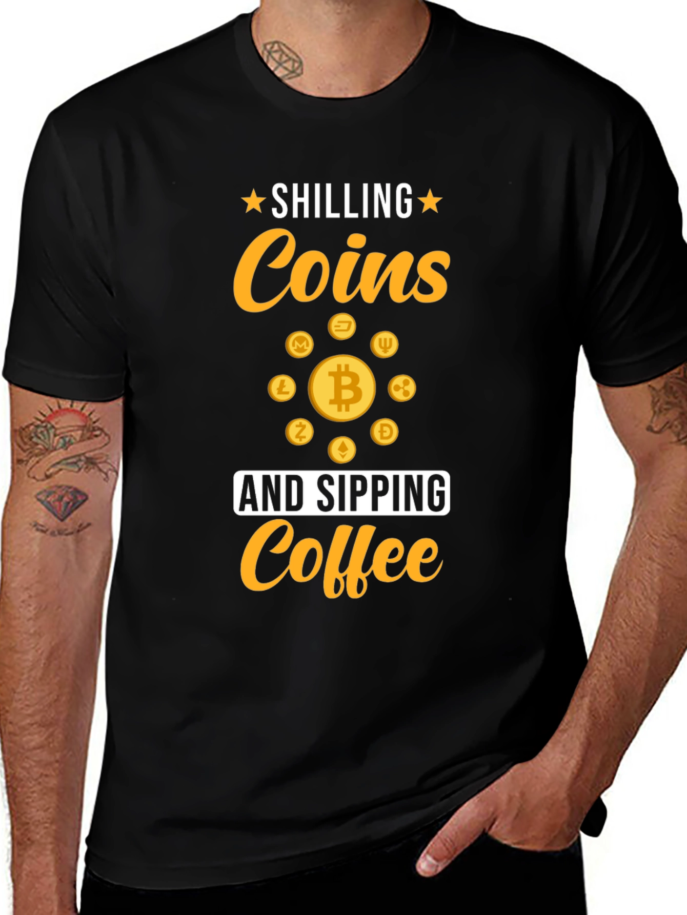 Camiseta Negra Crypto: Shilling Coins & Sipping Coffee