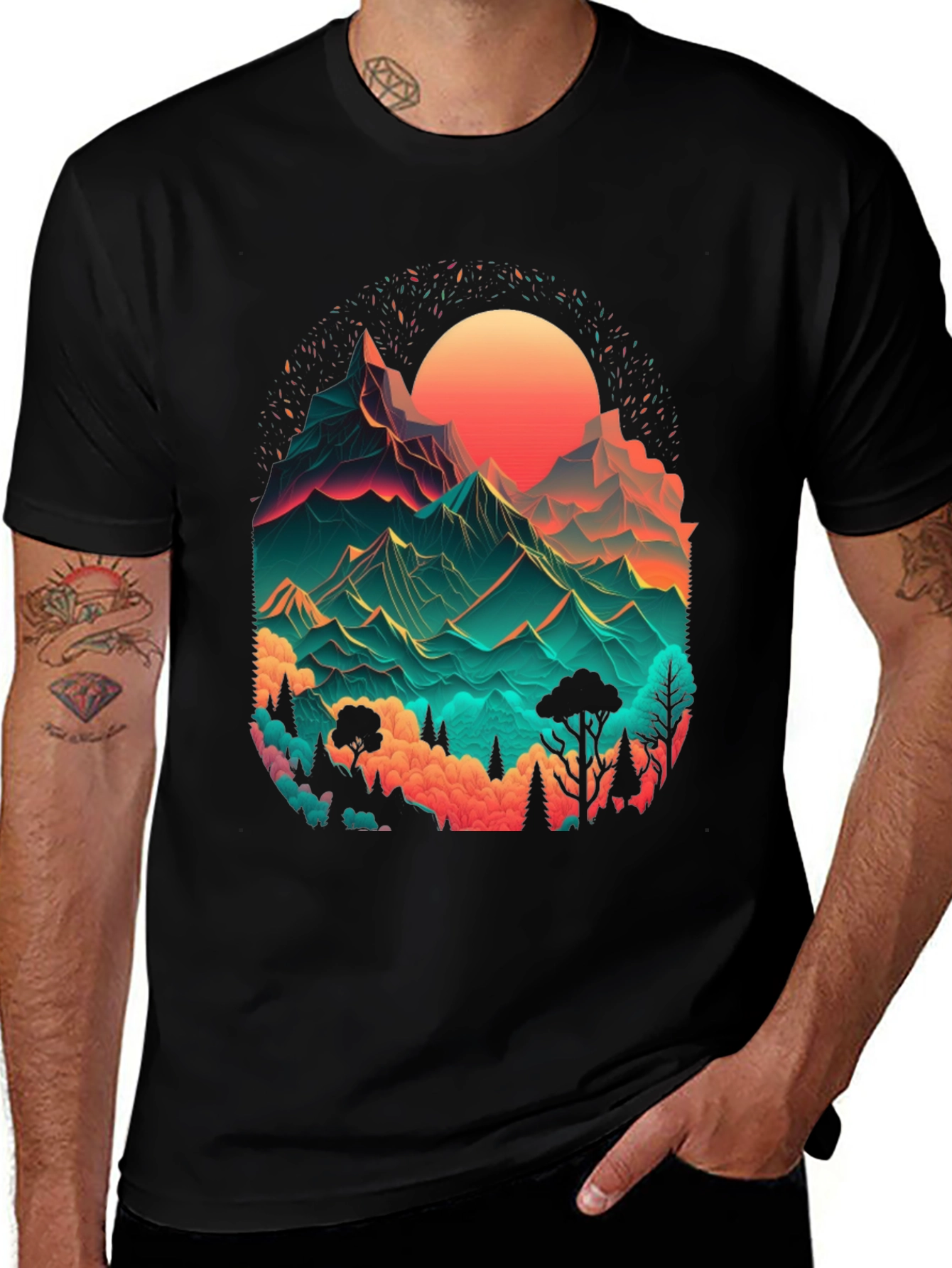Variant 7 of Neon Mountain Graphic Tee - Men's Black T-Shirt