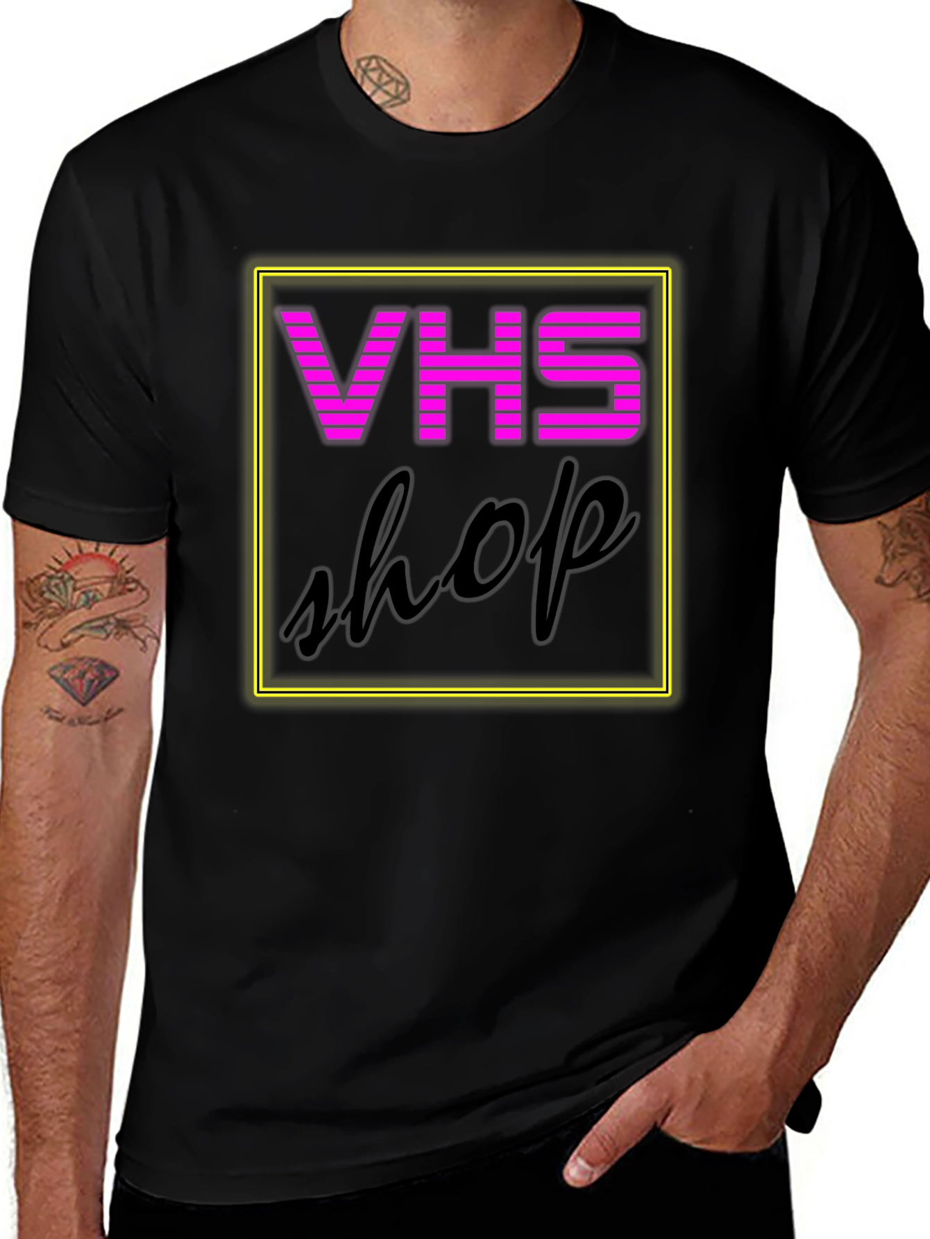 Retro VHS Shop Graphic Tee - Neon Style Black T-Shirt