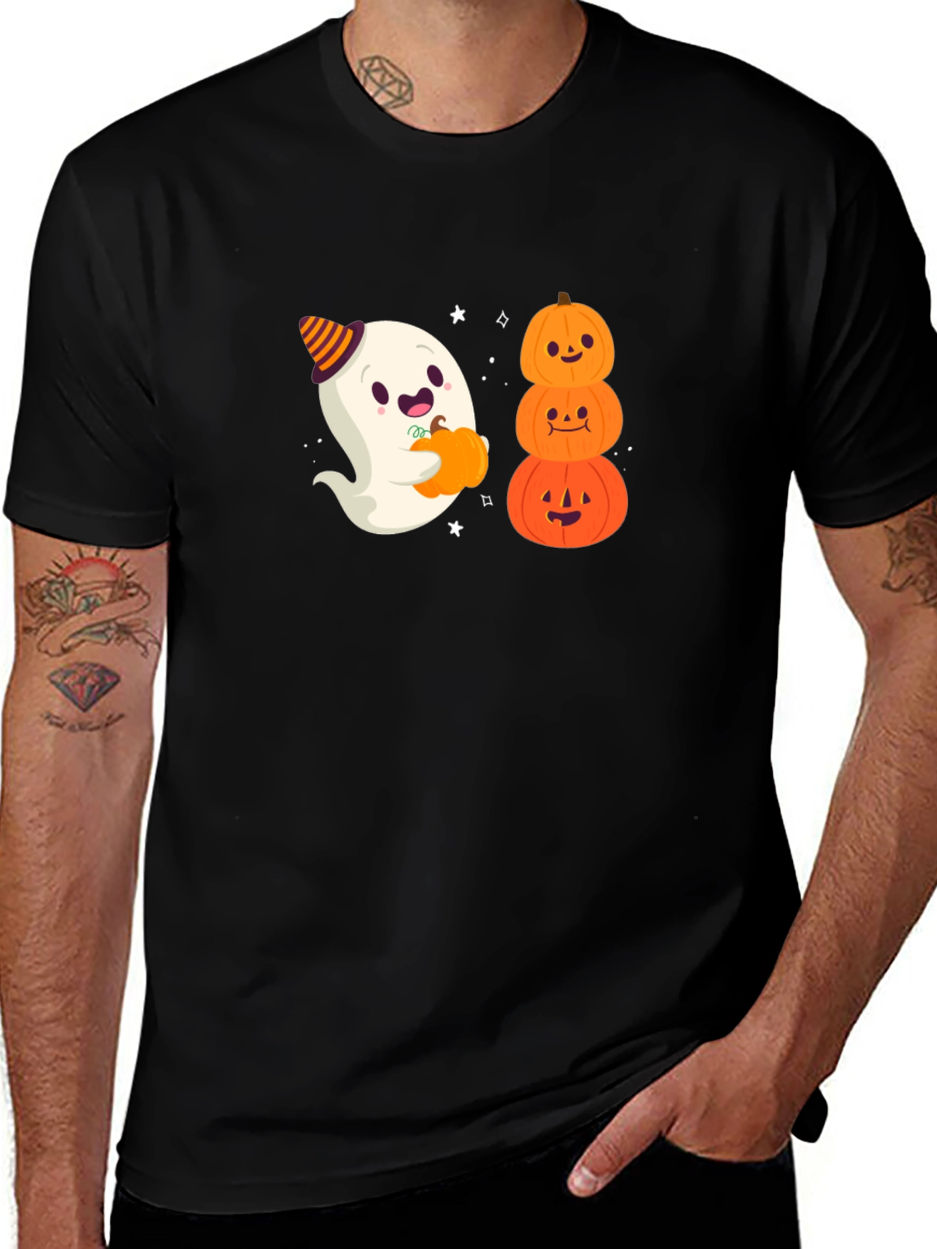 Halloween Ghost & Pumpkins Black T-Shirt