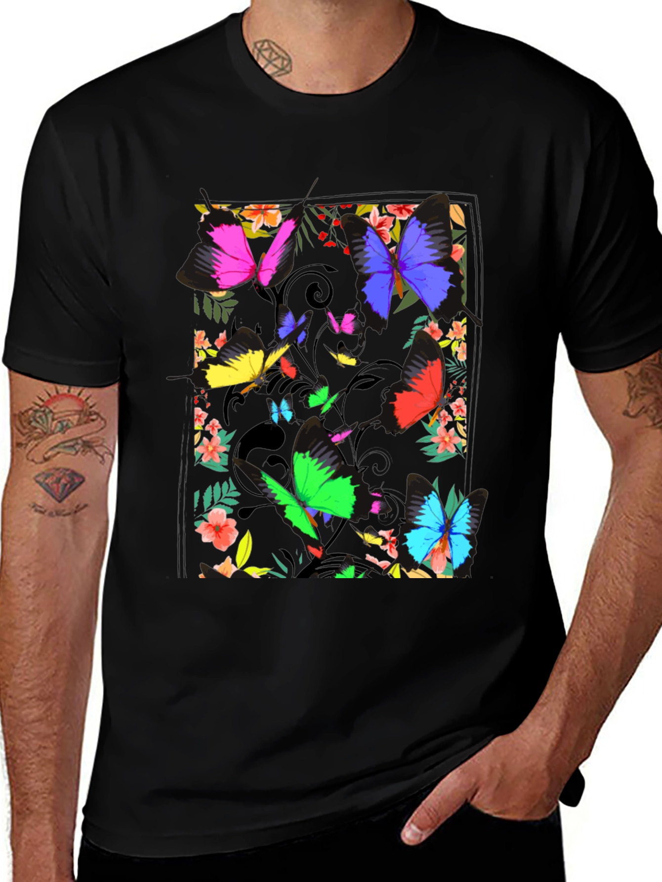 Variant 19 of Butterfly Floral Print Black T-Shirt