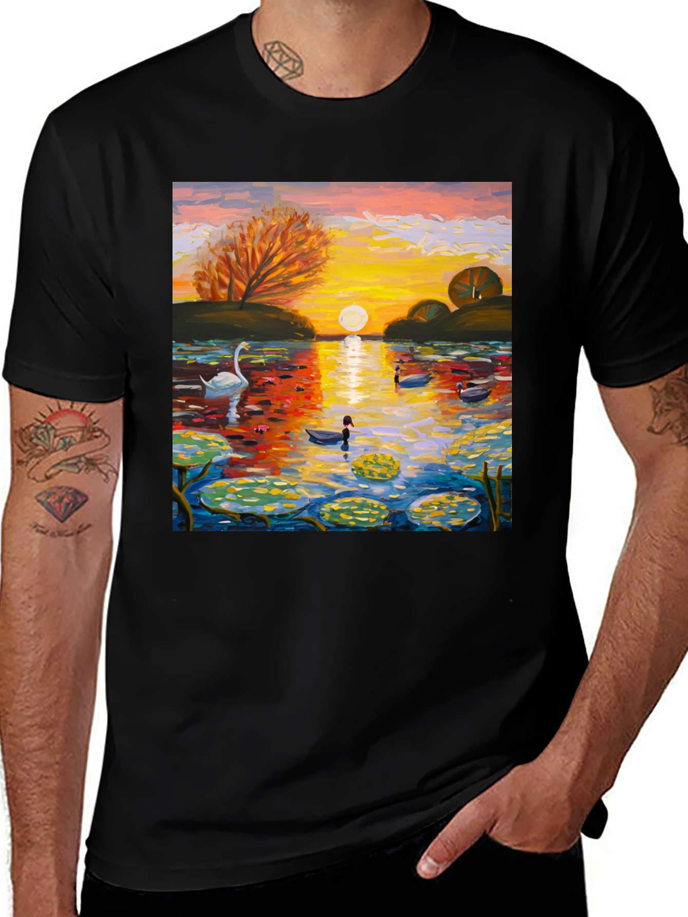 Variant 23 of Artistic Sunset Lake Graphic T-Shirt - Black Cotton Tee