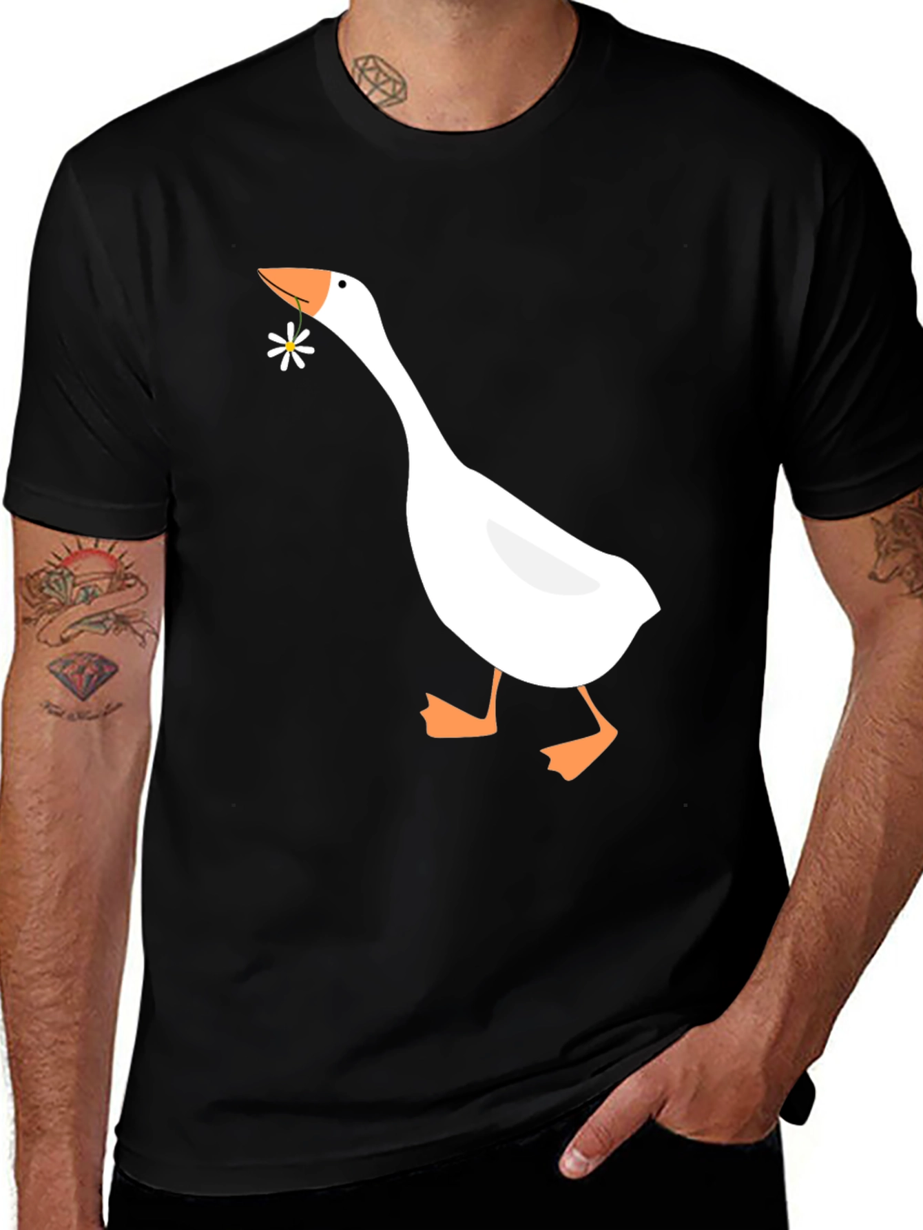 Variant 13 of Goose Holding Flower Graphic Tee - Black