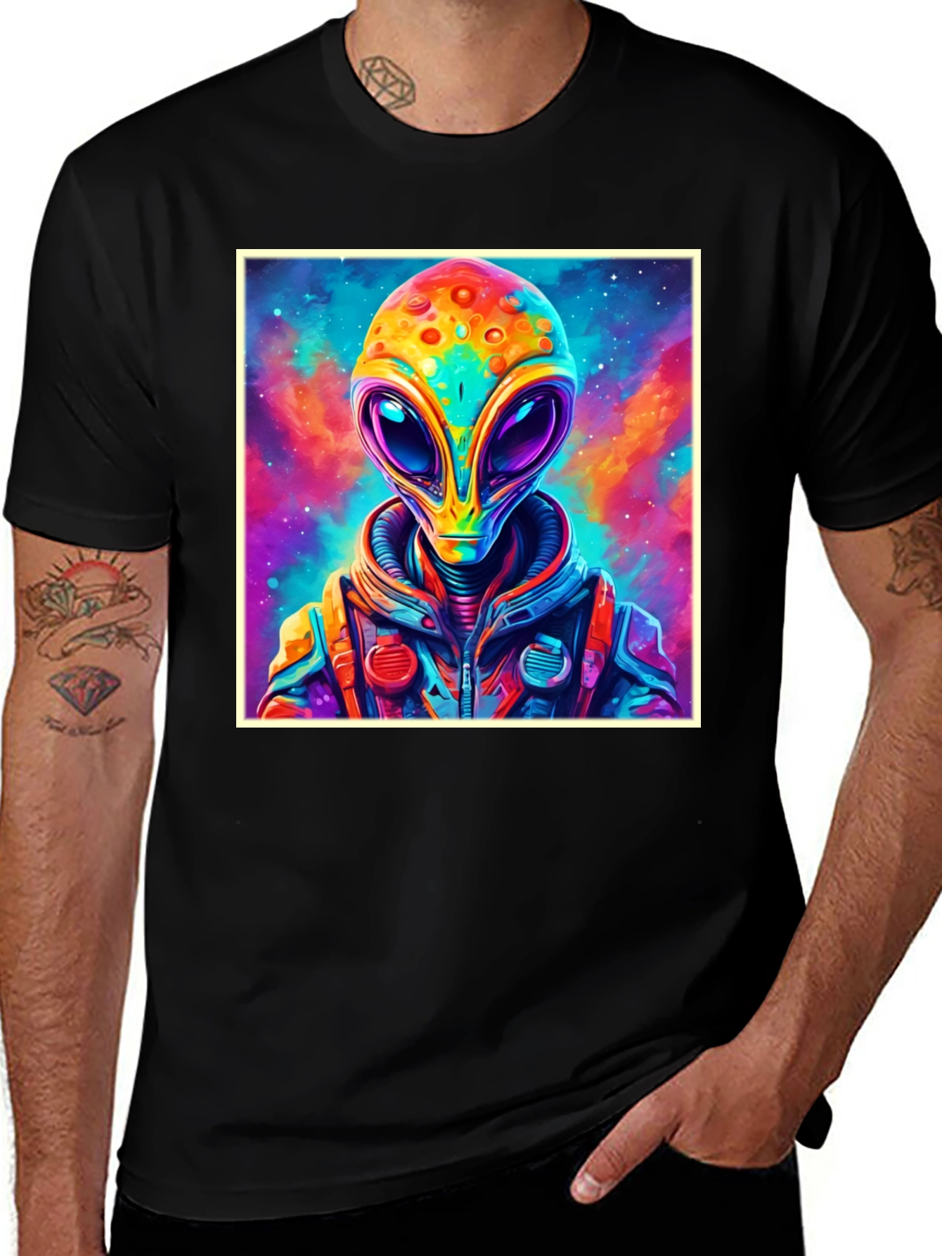 Variant 13 of Colorful Alien Graphic Tee - Black Cotton T-Shirt