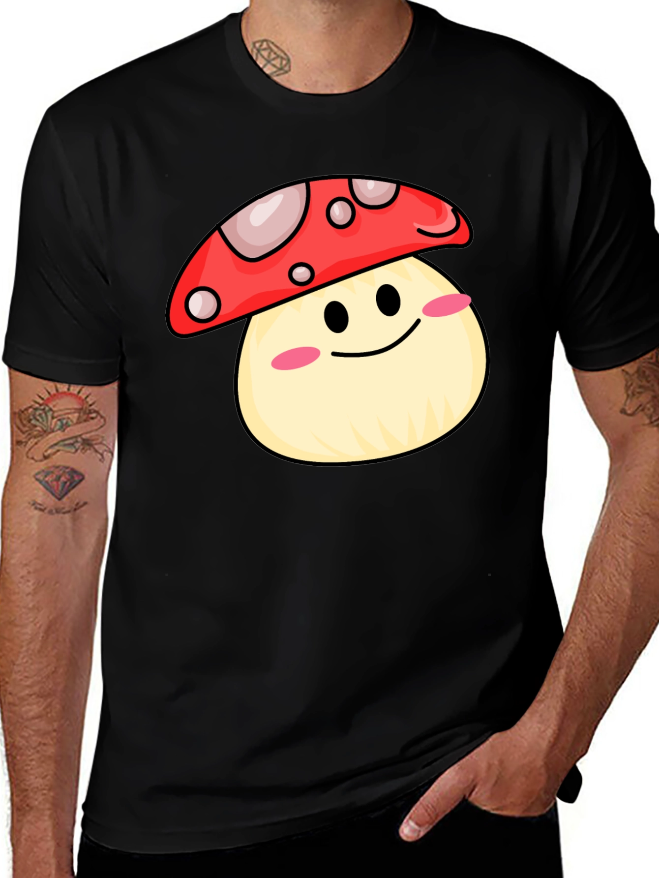 Variant 11 of Cute Mushroom Graphic Tee - Black Cotton Shirt