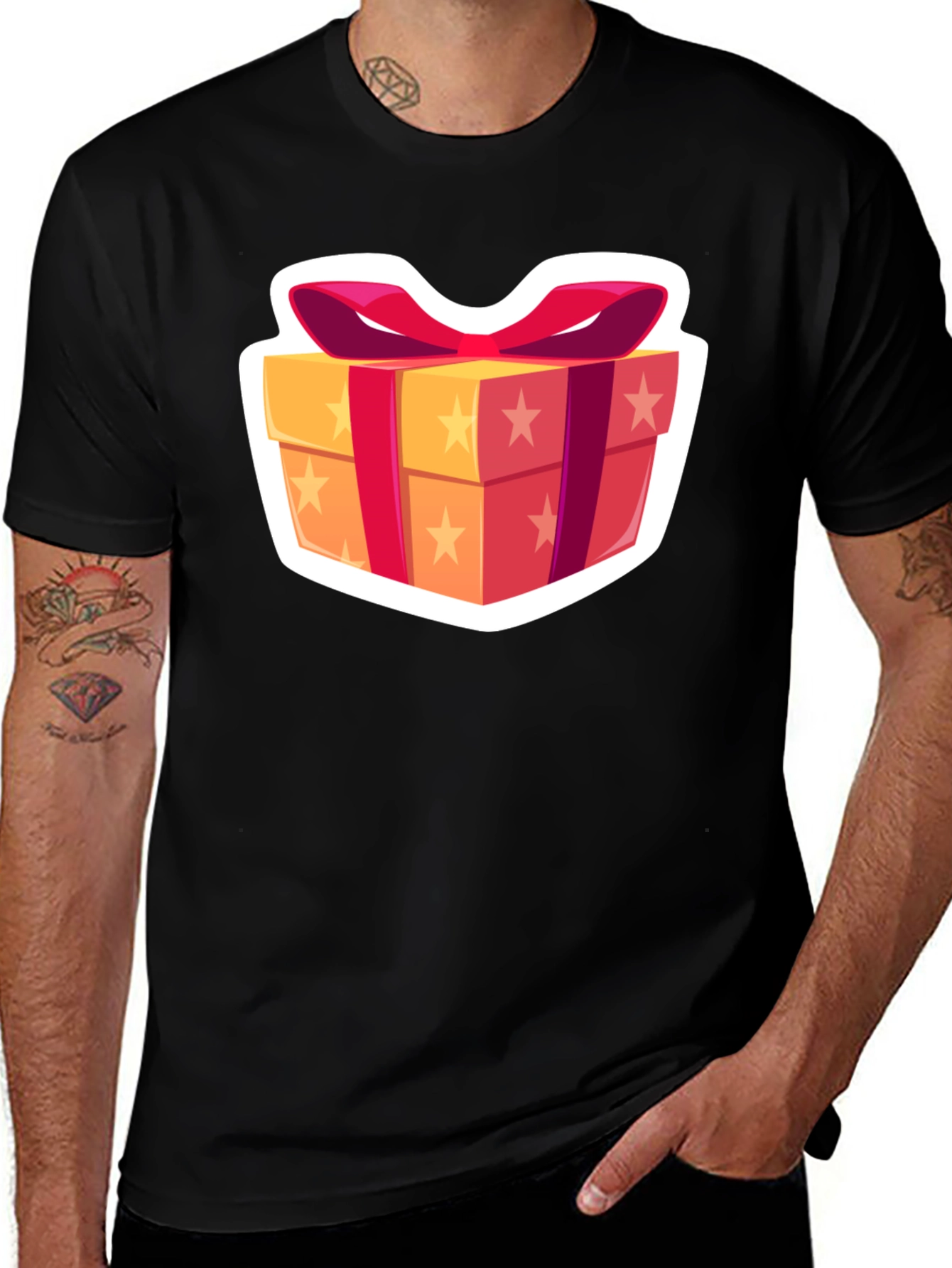 Festive Gift Box Graphic Tee - Black Cotton