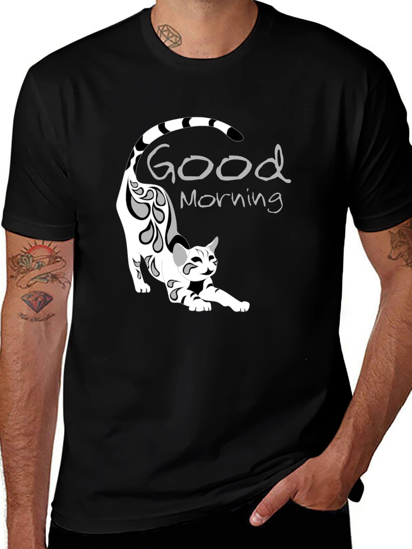 Variant 28 of Good Morning Cat Graphic Tee - Black Cotton T-Shirt
