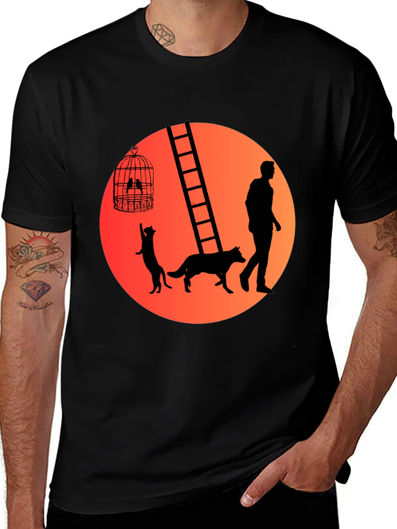 Variant 13 of Man's Graphic Tee: Dog, Cat, Birdcage Design