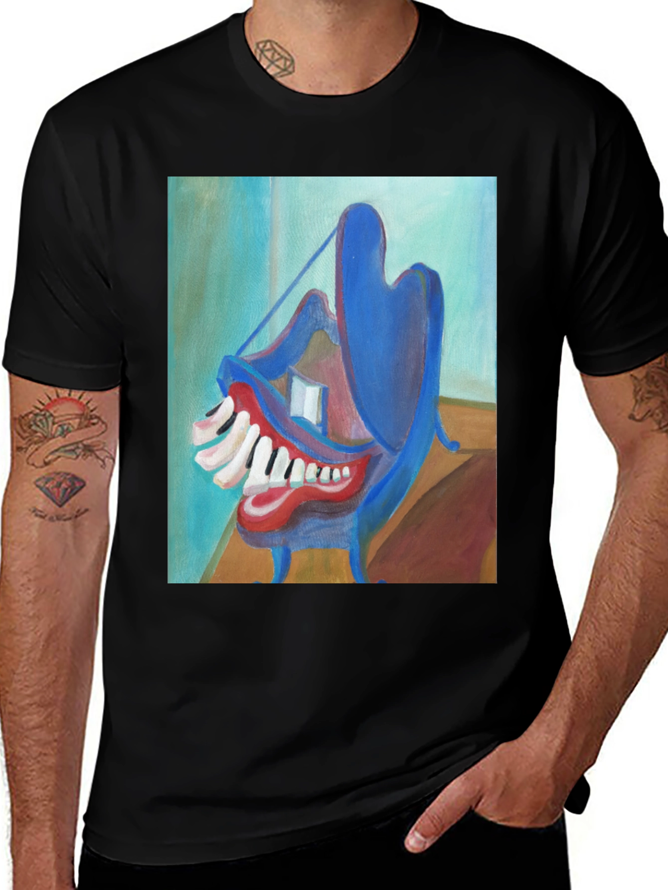 Variant 17 of Abstract Teeth Painting on Black T-Shirt