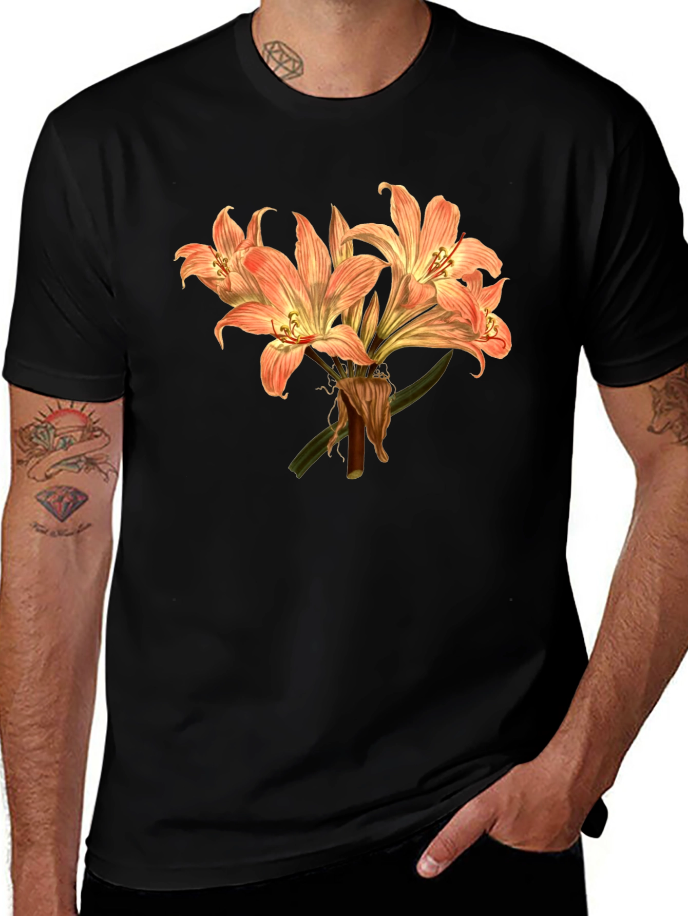 Variant 22 of Floral T-Shirt, Botanical Print, Men's Black Tee