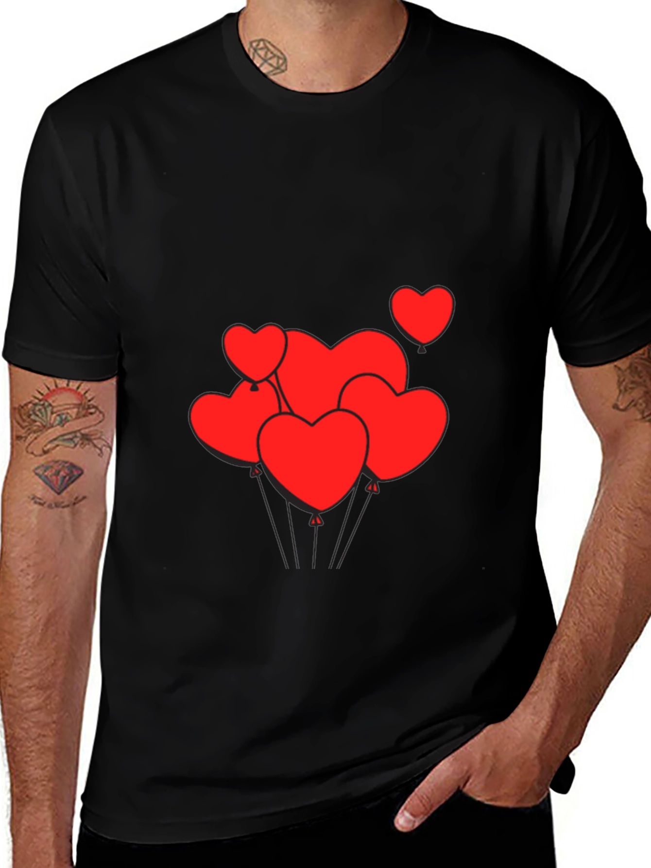 Variant 27 of Men's Black T-Shirt with Heart Balloons Graphic
