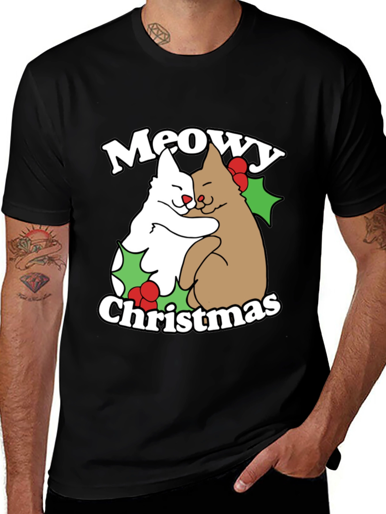 Meowy Christmas Cat Hug T-Shirt
