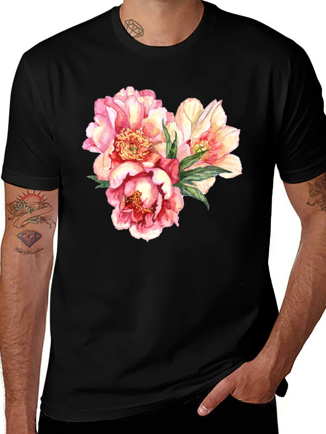 Variant 27 of Floral Peony Print Black T-Shirt