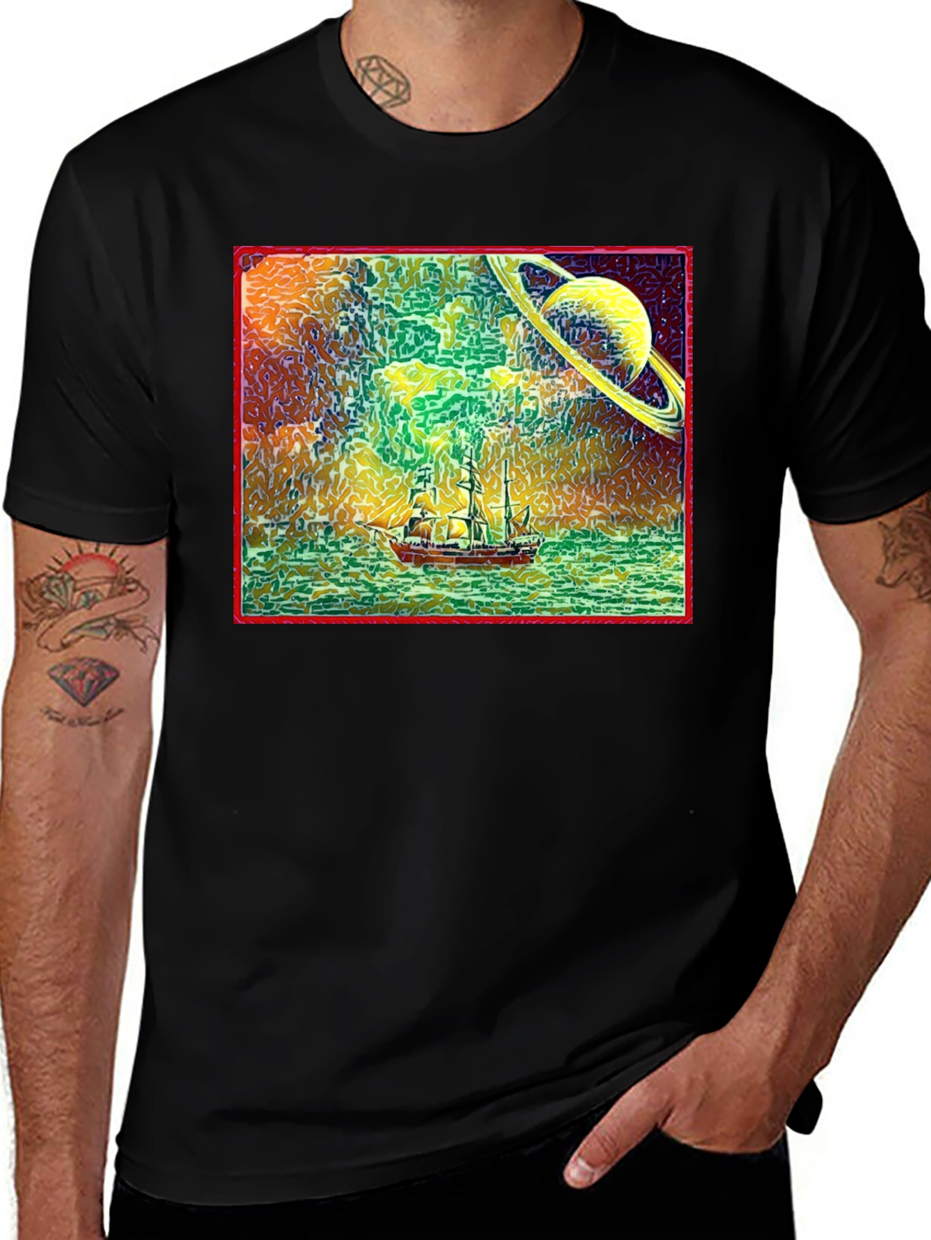Variant 13 of Surreal Saturn Sailboat Graphic Tee - Unique Design