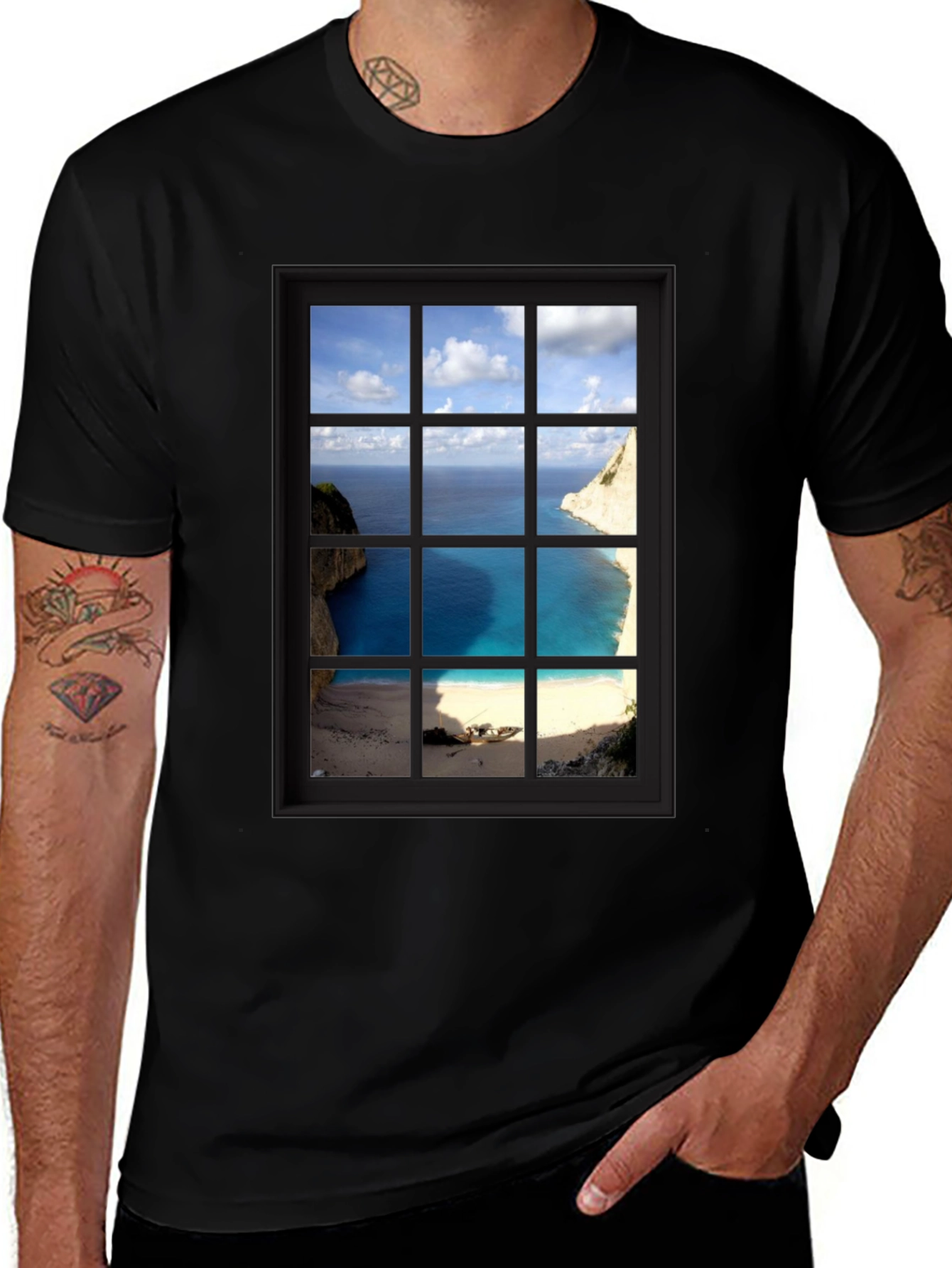 Variant 3 of Coastal View Window Graphic Tee - Black Cotton T-Shirt
