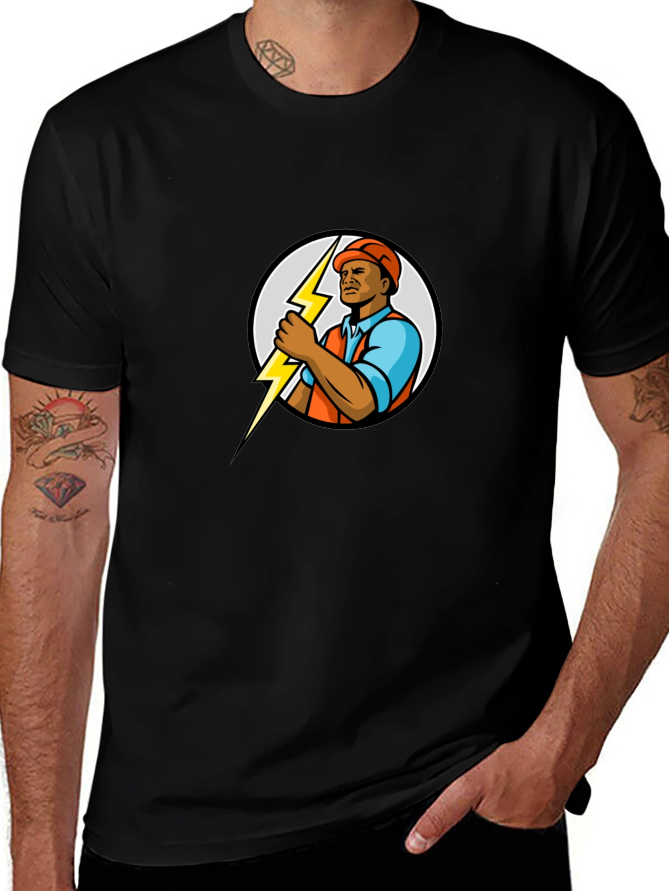Black Electrician Cartoon Black T-Shirt main image