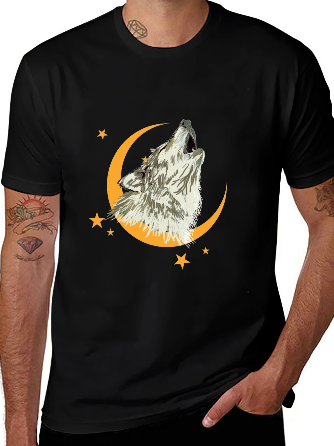 Wolf Howling at Moon Graphic Tee - Black Cotton T-Shirt