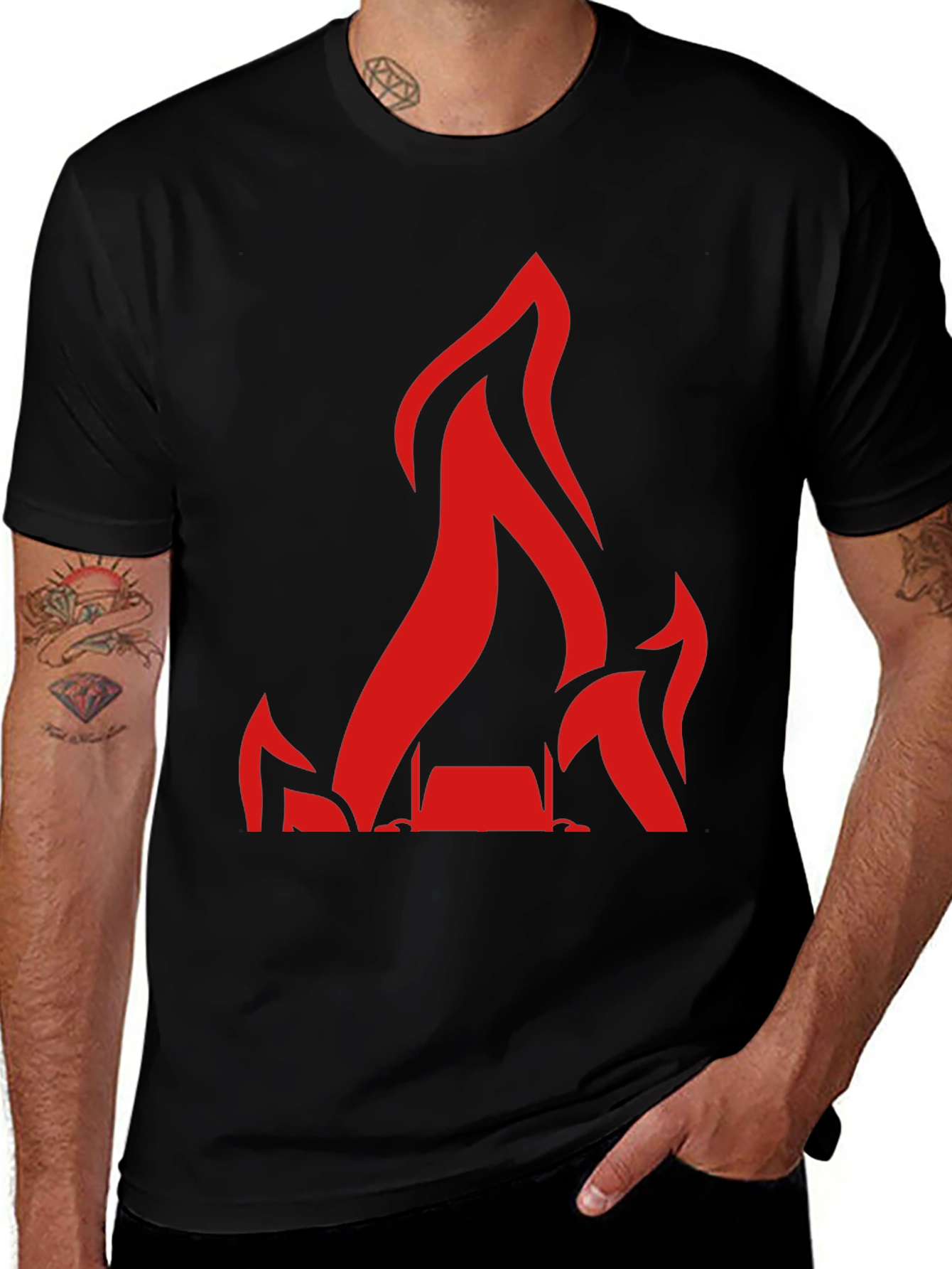 Red Flames Graphic Print Black T-Shirt