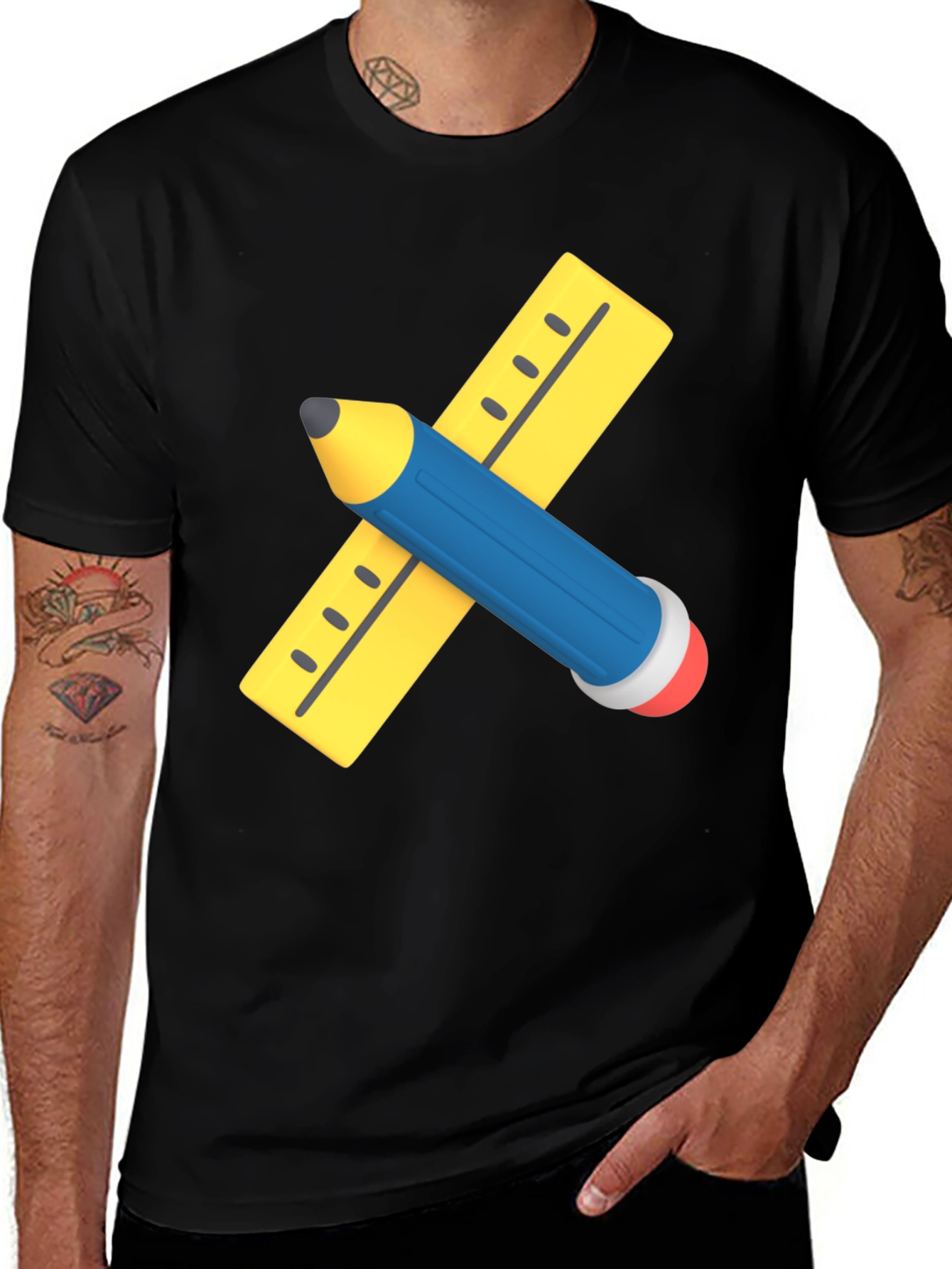 Variant 30 of Men's Black Graphic T-Shirt - Pencil & Ruler Design
