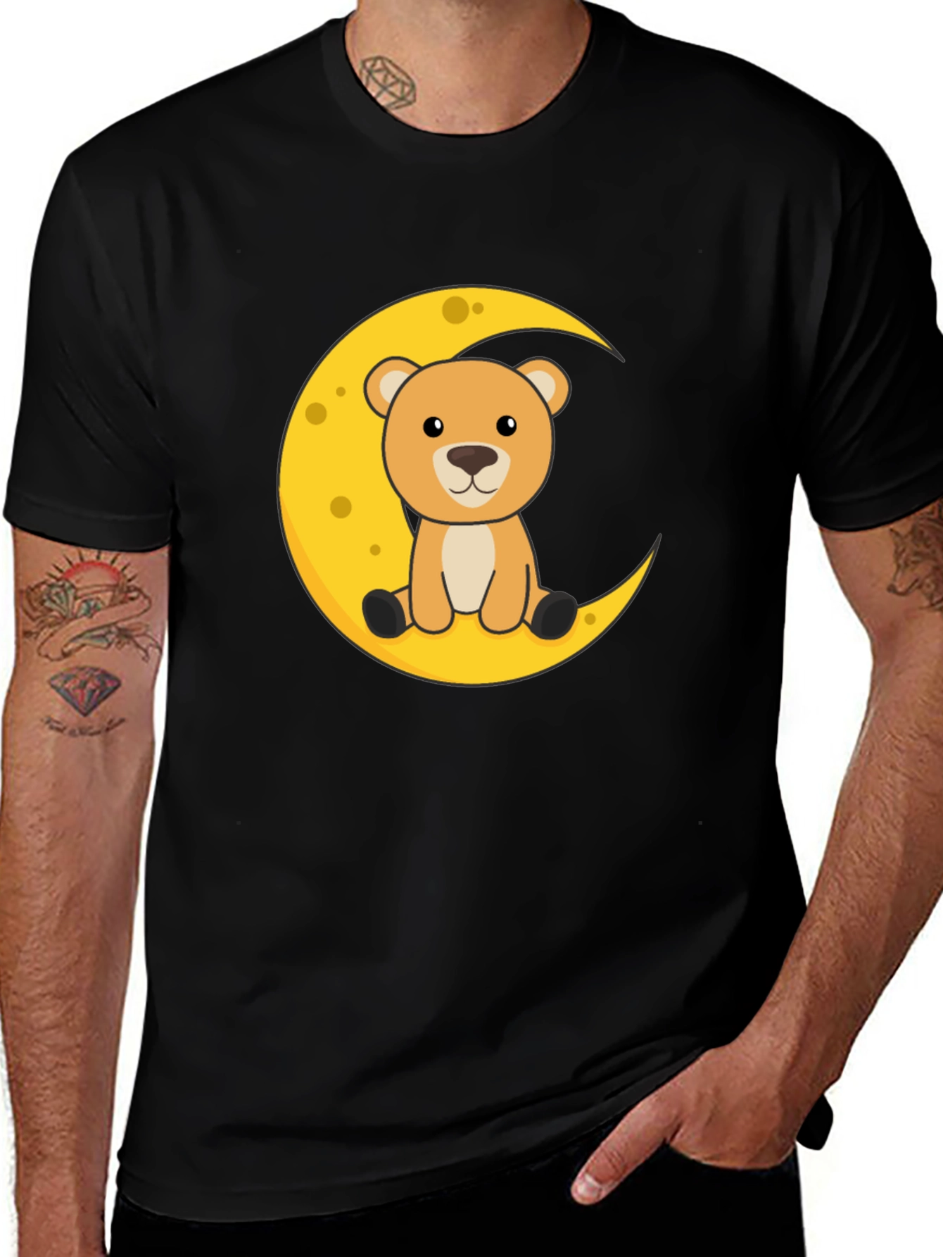 Variant 29 of Cute Teddy Bear Moon Graphic Tee - Black Casual T-Shirt