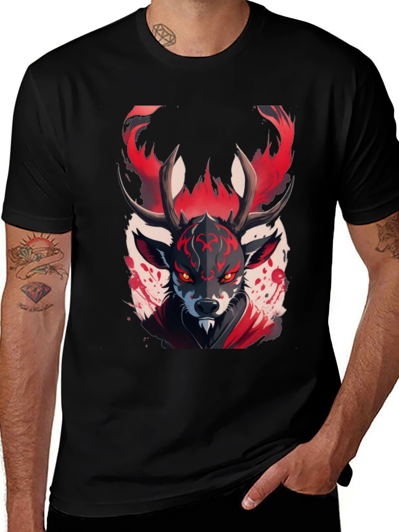 Variant 22 of Men's Black T-Shirt with Fierce Deer Design