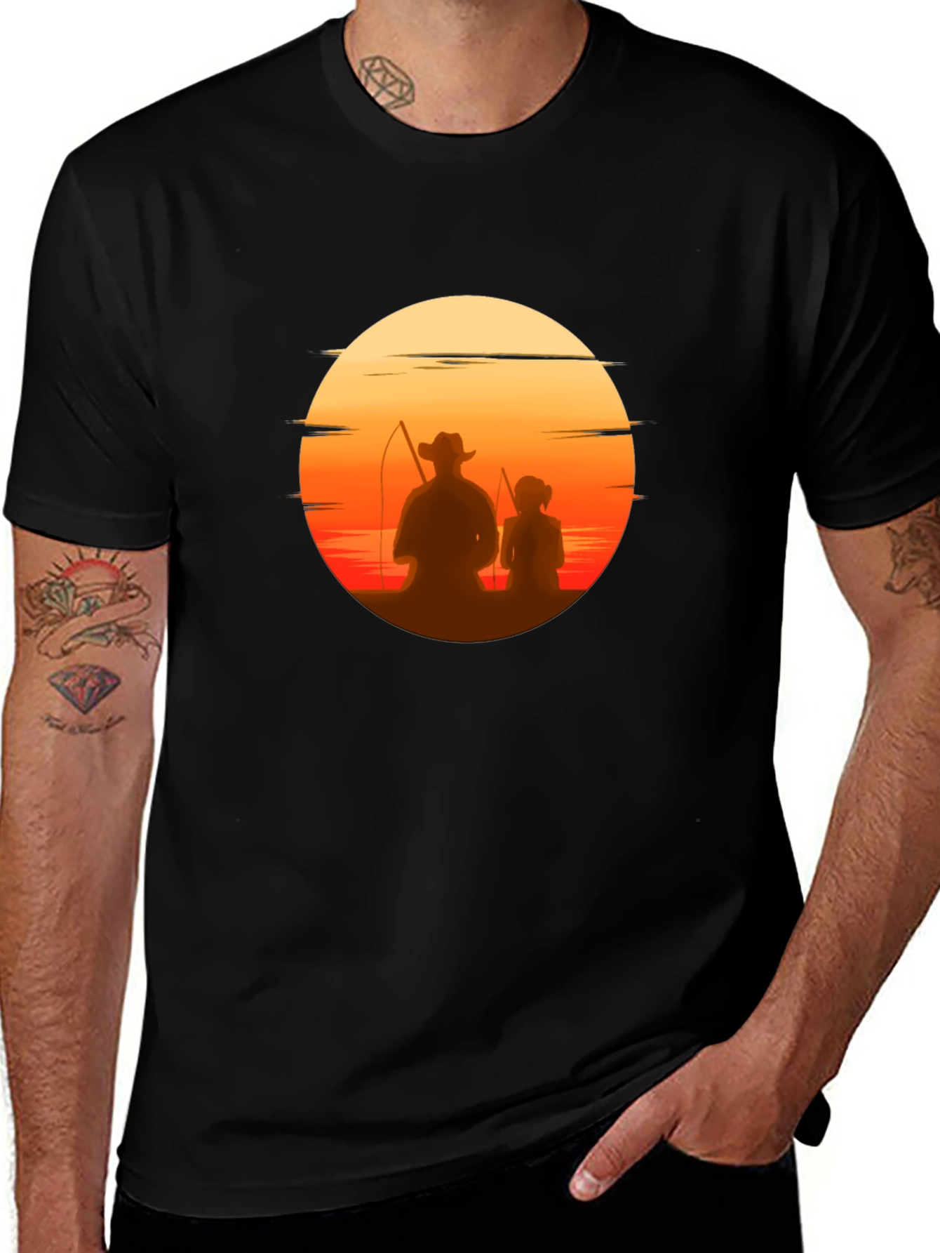 Variant 5 of Sunset Fishing T-Shirt: Dad & Daughter Silhouette Tee