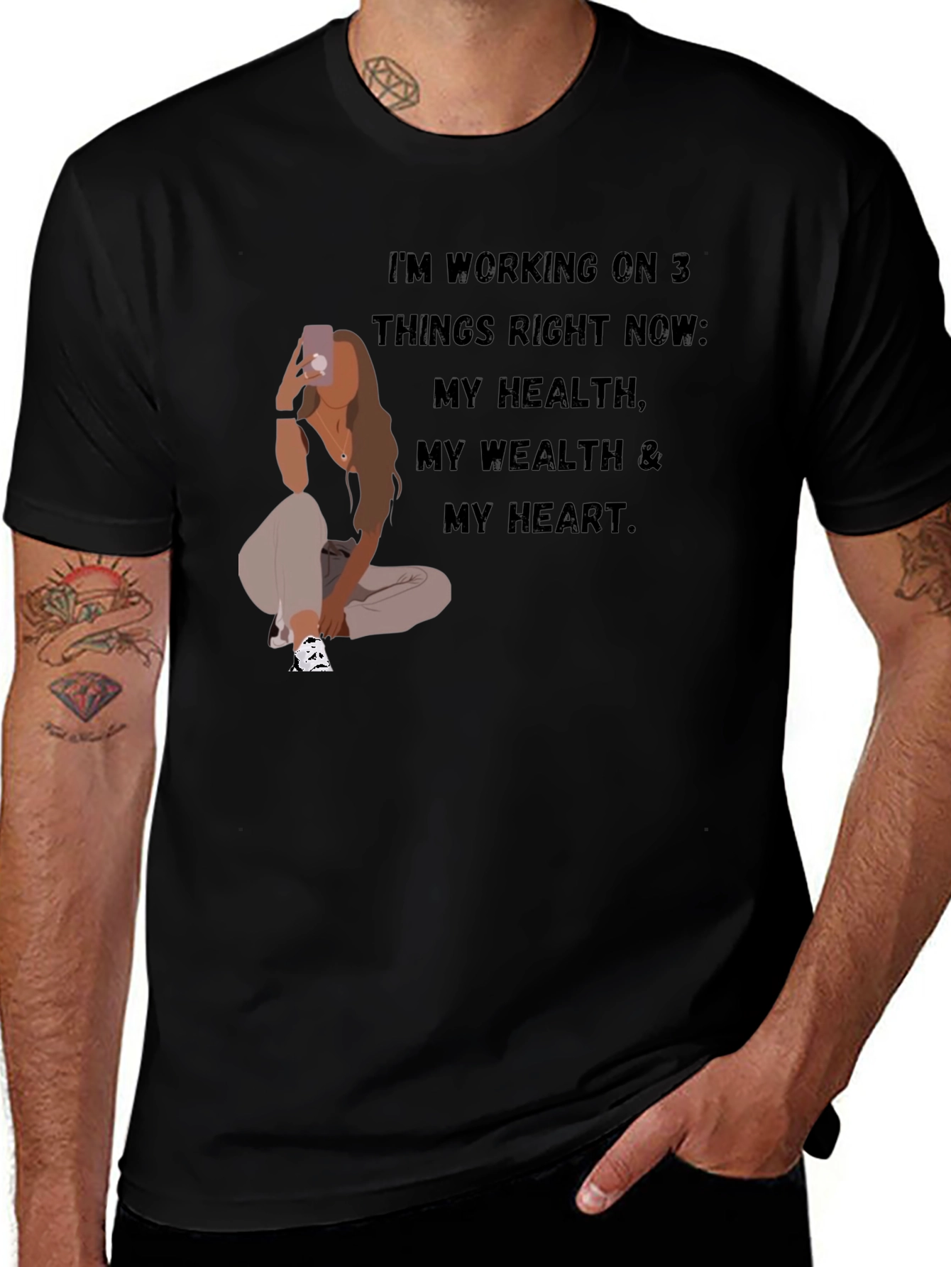 Variant 15 of Work on Health Wealth Heart Black T-Shirt