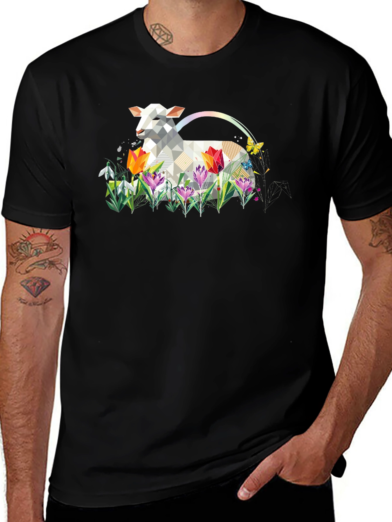 Variant 9 of Geometric Lamb & Floral Print Black T-Shirt