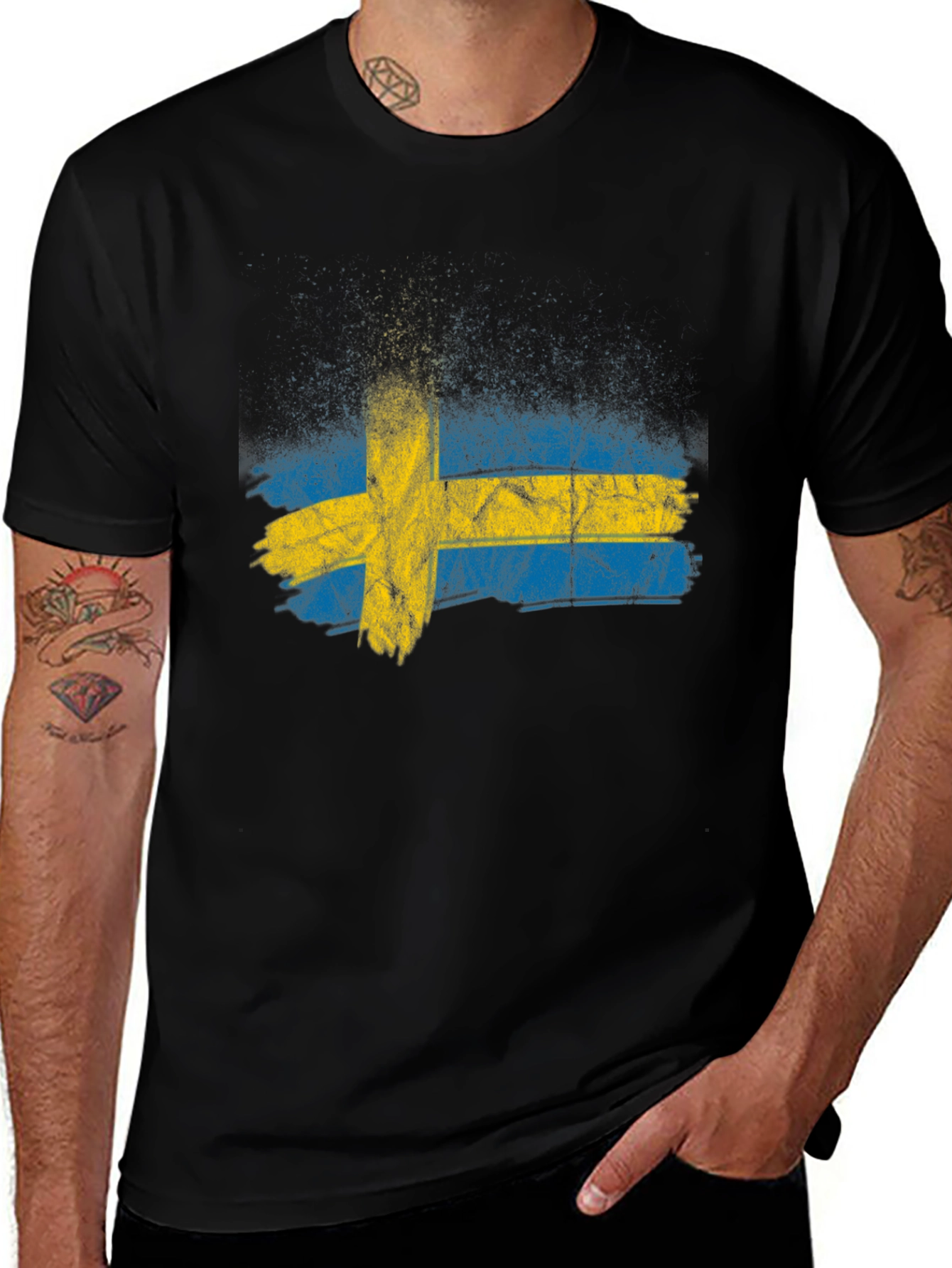 Variant 17 of Sweden Flag Distressed Graphic Tee - Black