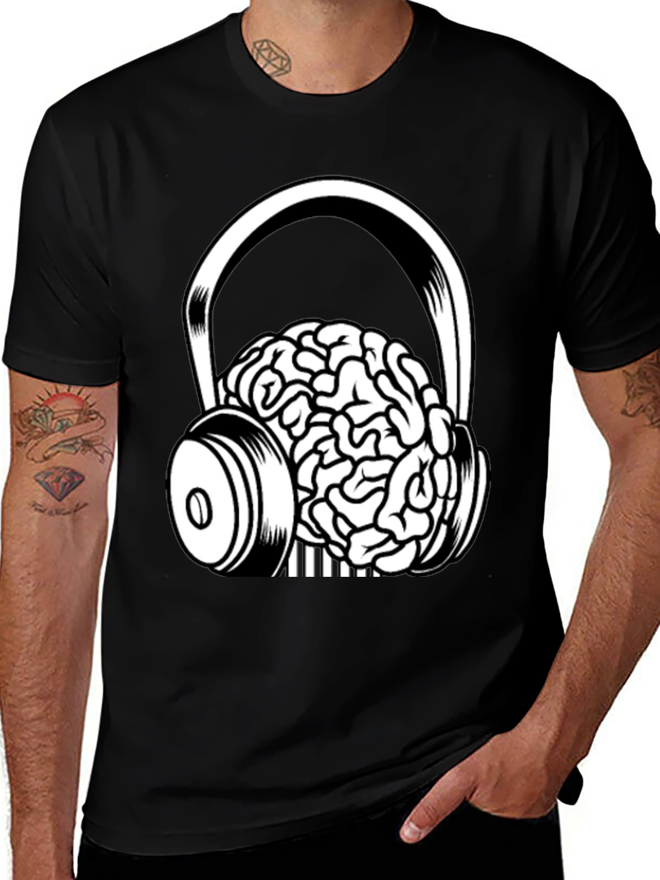 Brain in Headphones Graphic Tee - Black Cotton T-Shirt