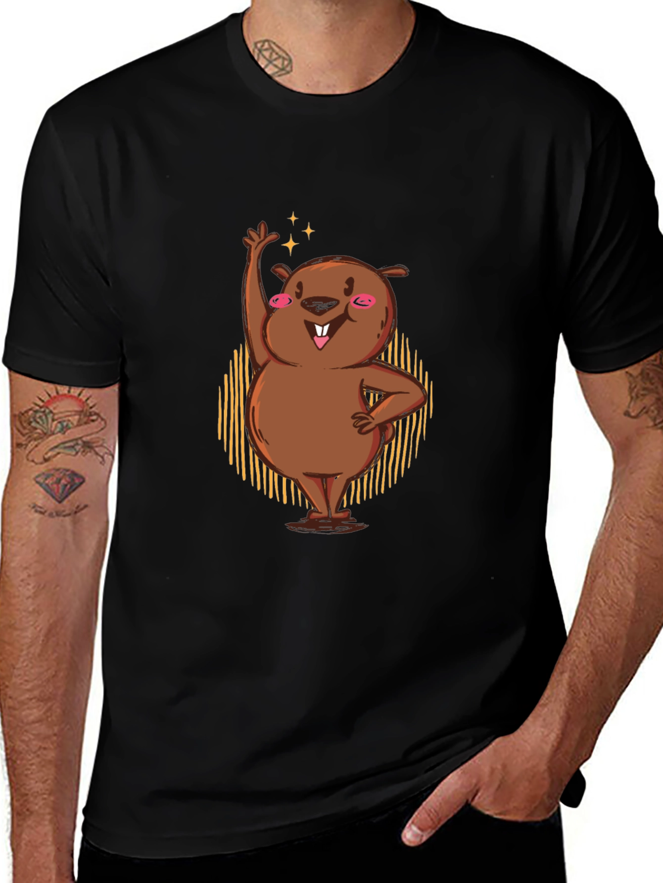 Variant 6 of Funny Cartoon Beaver Waving Graphic Tee