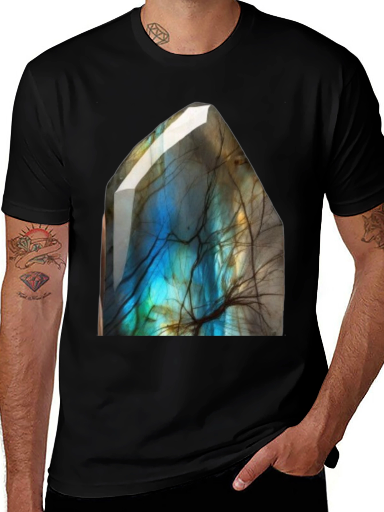 Labradorite Gemstone Print Black T-Shirt